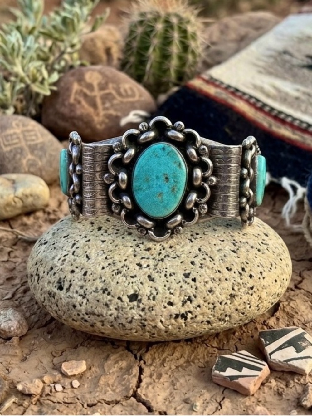 Native American Heavy Sterling Silver Natural Turquoise Cuff Bracelet 7.5"